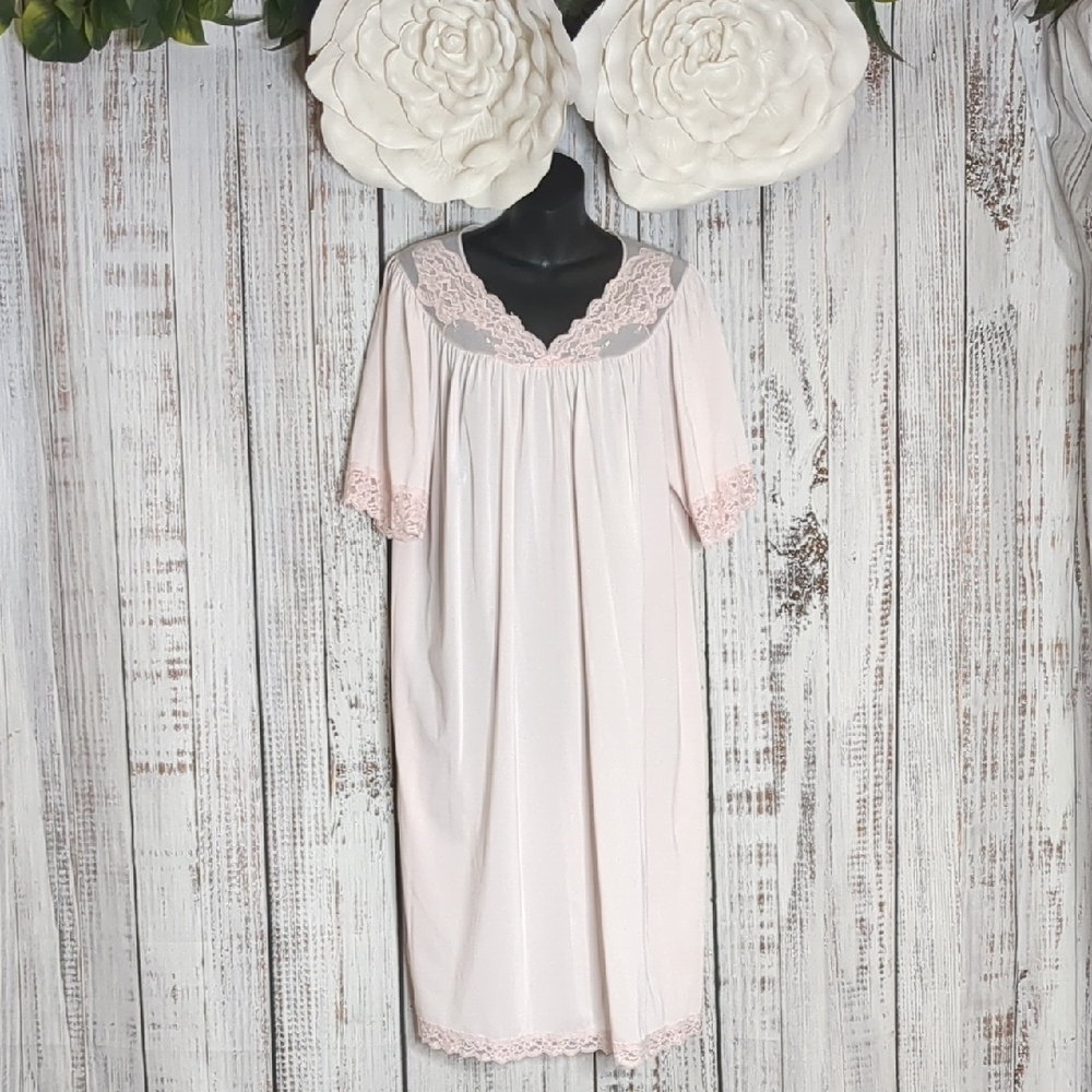 Shadow line Pastel Pink Maxi Nightgown With Embroidered Rosettes and Lace Trim